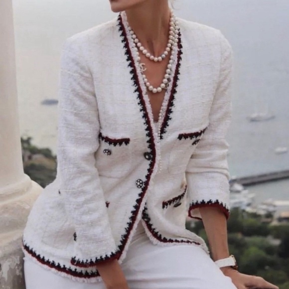 Zara Jackets & Blazers - Zara White Tweed Blazer with Black and Burgundy Trim